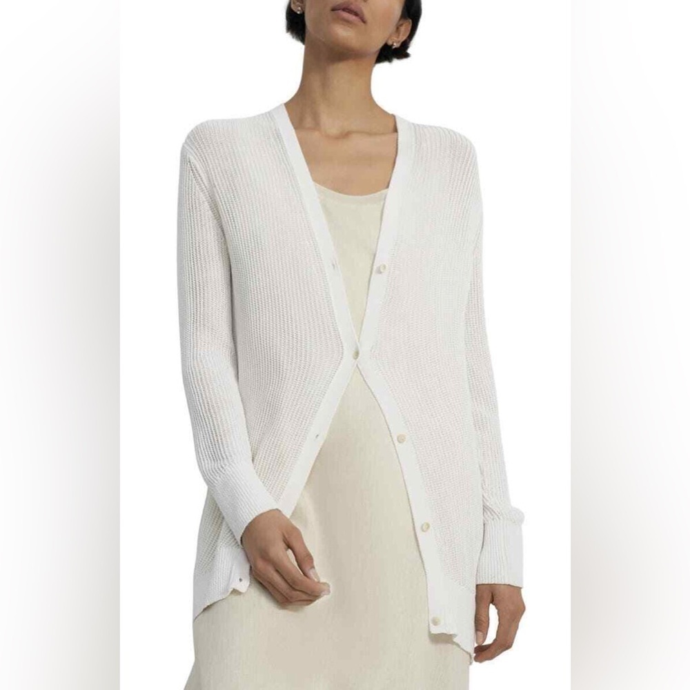 Theory Sweater Cardigan, White, small, MSRP $345 button up sheer ribbed